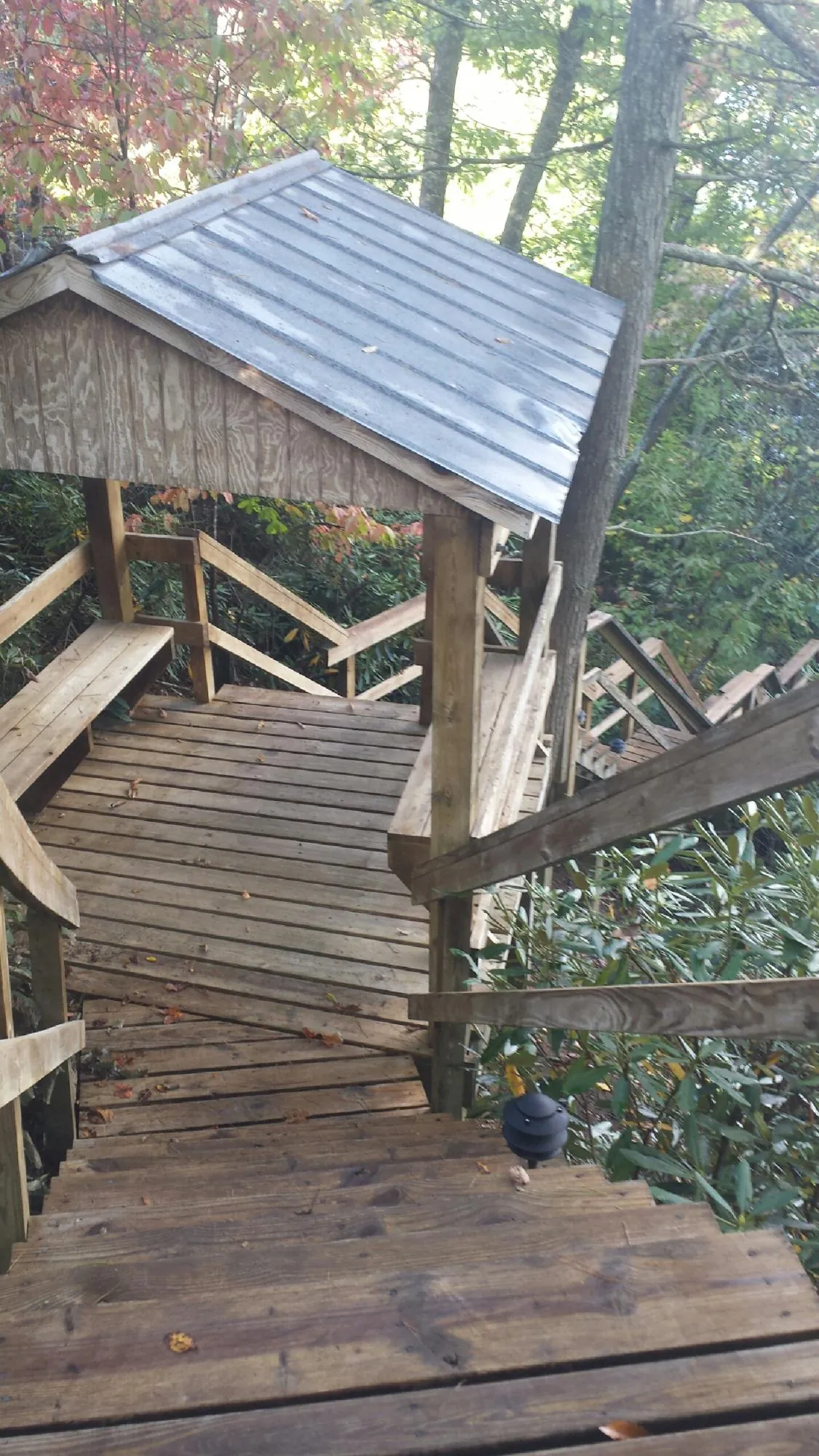 Metal roofed shelter over wooden steps on a wooded walkway — Skylight Repair & Installation work by our crew in Stem